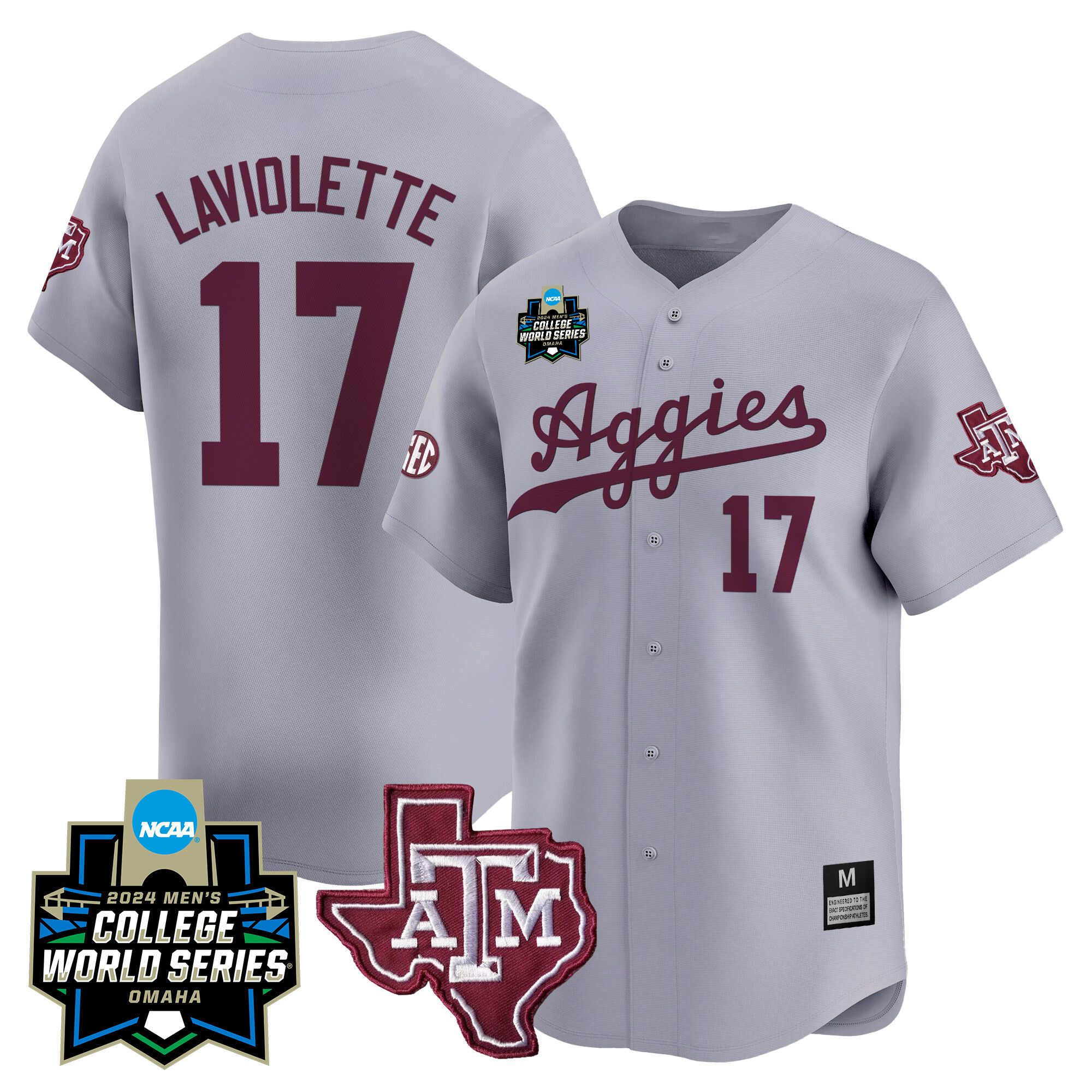 Men Texas A&M Aggies #17 Laviolette Grey 2024 College World Series Vapor Premier Limited NCAA Jersey